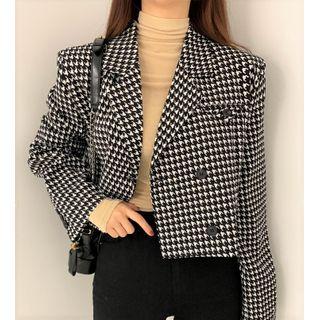 Mock-turtleneck Long-sleeve T-shirt / Houndstooth Double-breasted Blazer