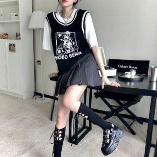 Elbow-sleeve Mock Two Piece T-shirt Black - One Size