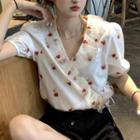 V-neck Mesh Rose Print Top As Figure - One Size