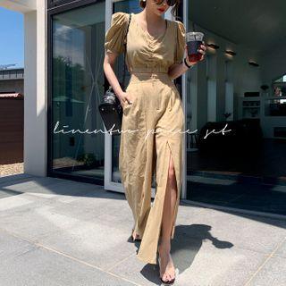 Set: Linen Crop Top + Deep-slit Culottes Beige - One Size