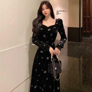 Floral Velvet Midi A-line Dress