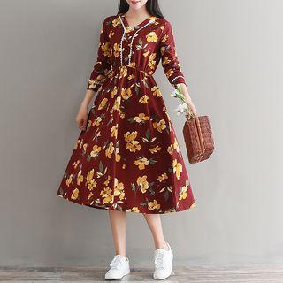 Long-sleeve V-neck Paneled Printed Dress