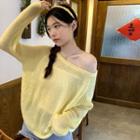 Long-sleeve Off-shoulder Light Knit Top Light Knit Top - Light Yellow - One Size