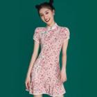 Short-sleeve Mandarin Collar Floral Mini A-line Dress