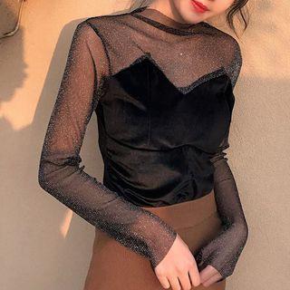 Long-sleeve Mesh Panel Velvet Top