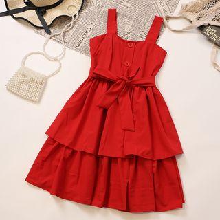 Sleeveless Sashed Tiered A-line Dress
