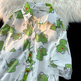Short Sleeve Mesh Hem Printed Shirt