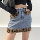 Leopard Print Panel Mini Denim Skirt