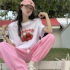 Elbow-sleeve Strawberry Print T-shirt / Loose Fit Jogger Pants
