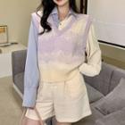 Long-sleeve Color-block Shirt / Tie-dye Knit Vest