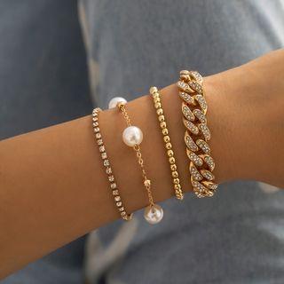 Set Of 4: Chain Bracelet + Faux Pearl Bracelet + Beaded Bracelet + Rhinestone Bracelet