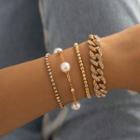 Set Of 4: Chain Bracelet + Faux Pearl Bracelet + Beaded Bracelet + Rhinestone Bracelet