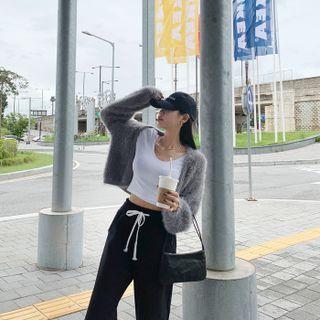 Metallic-button Fluffy Cropped Cardigan