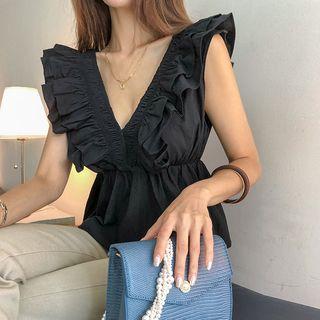Frilled Plunge-neck Peplum Blouse