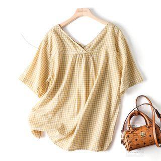 Short-sleeve Gingham Blouse Gingham - Yellow - One Size