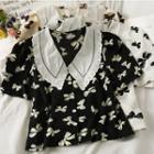 Puff-sleeve Ribbon-print Crop Shirt