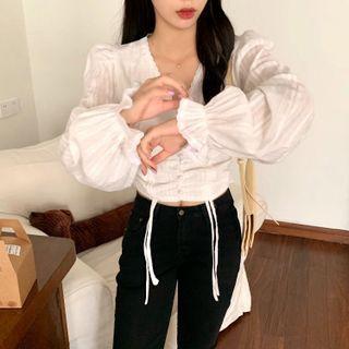 Long-sleeve Frill Trim Drawstring Cropped Blouse