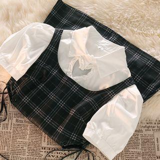 Short-sleeve Heart Cutout Blouse / Plaid Overall Dress