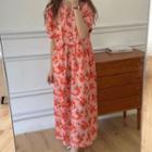 Short-sleeve Flower Print Maxi A-line Dress Red - One Size