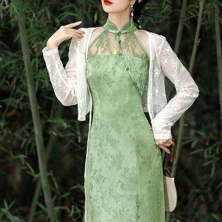 Set: Sleeveless Lace Panel Midi Qipao + Lace Jacket