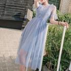Set: Plain Slipdress + Mesh Ruffle Trim Short-sleeve Midi A-line Dress