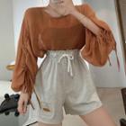 Puff-sleeve Plain Lace-up Sheer Chiffon T-shirt / Drawstring Wide-leg Shorts