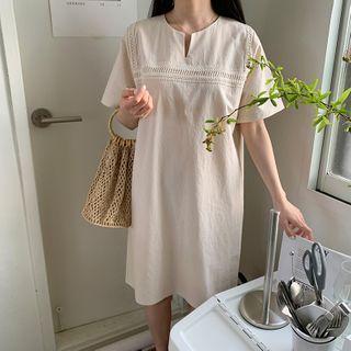 Open-placket Lace-trim Dress