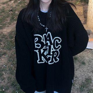 Round Neck Lettering Sweater Black - One Size