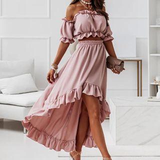 Set: Plain Off-shoulder Ruffle-trim Cropped Blouse + Plain High-waist Ruffle-trim Skirt