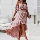 Set: Plain Off-shoulder Ruffle-trim Cropped Blouse + Plain High-waist Ruffle-trim Skirt