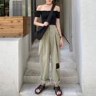 Off-shoulder Ruffled Trim Top / Distressed Cargo Pants