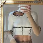Long Sleeve Contrast-trim Cut-out Ribbed-knit Crop Sweater
