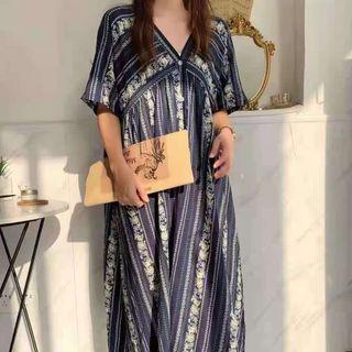 Short-sleeve Striped Floral Print Maxi A-line Dress
