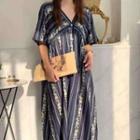 Short-sleeve Striped Floral Print Maxi A-line Dress