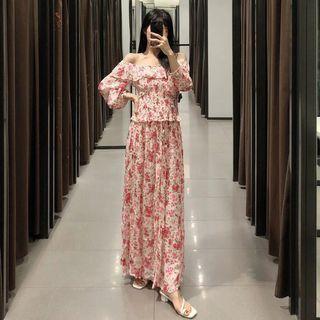 Off-shoulder Floral Print Smocked Blouse / Midi A-line Skirt