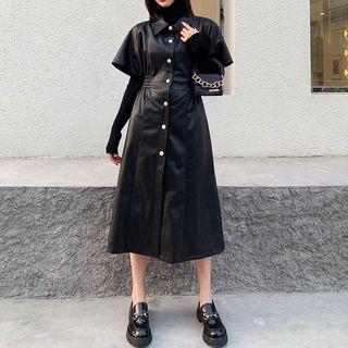 Faux Leather Short-sleeve Midi A-line Dress