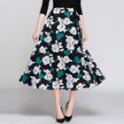 Mock Two-piece Elbow-sleeve Floral Print Midi A-line Dress
