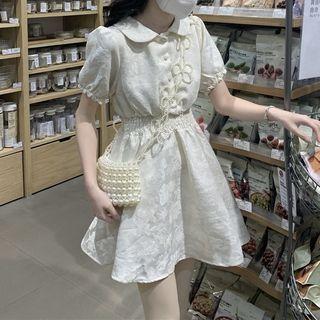 Puff-sleeve Collar Jacquard Mini A-line Dress