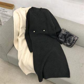 Long-sleeve Faux Pearl Knit Dress