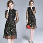Flower Embroidered Long-sleeve Collared Dress
