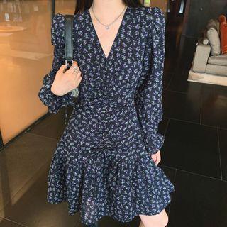 Floral Drawstring V-neck A-line Dress
