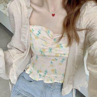 Set: Floral Print Camisole Top + Light Cardigan