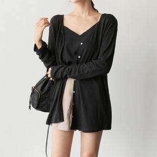 V-neck Linen Blend Long Cardigan