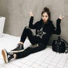 Set: Fleece-lining Hooded Sequined Pullover + Sweatpants