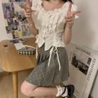 Short-sleeve Ruffle Trim Top / Plaid Mini Skirt