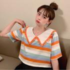 Elbow-sleeve Wide Collar Striped T-shirt