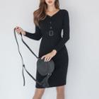 Belted Ribbed Knit Dress Black - One Size