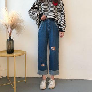 Dog Embroidered Wide-leg Jeans