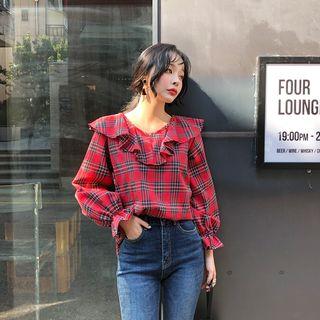 Tartan Check Ruffle-collar Top