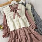 Set: Ribbon-neckline Floral Midi Dress + Button-down Knit Vest